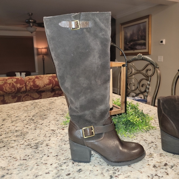 Jessica Simpson Niagara Brown Mixed Suede Knee-High Riding Boots Sz 7 Block Heel - Picture 8 of 16